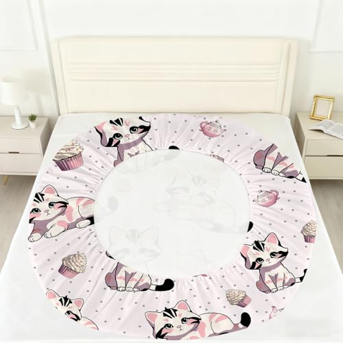 Pink Cat Fitted Sheet Set Queen Size Girls Cute Sheet for Bedroom Kids Soft Microfiber 4-Piece Cartoon Sheet Set 1 Fitted Sheet+1 Flat Sheet+2 Pillowcases Cartoon Bedding Set - color: Pink-cat, size: Queen