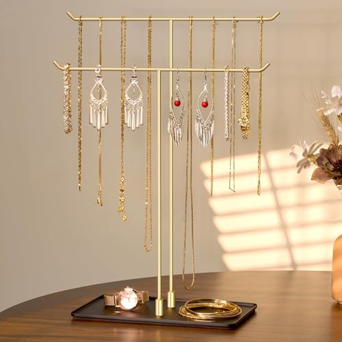 bussdis Necklace Holder Jewelry Stand Organizer for Necklaces and Bracelets, Metal Display Stand, Gift for Women, Ideal for Home, Bedroom, or Vanity, Gold and Black - color: Black-gold, size: 14.5" Height