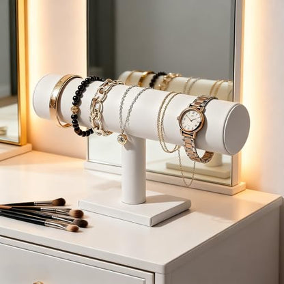 TENINYU Hovering T-Bar Bracelet Necklace Earring Bangle Pendants Anklet Tower Watch Key Jewelry Display Stand for Home Organization (White Leatherette) - color: White Leatherette