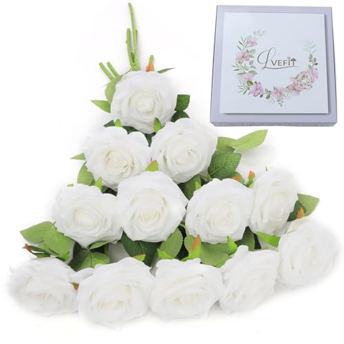 LVEFIT Artificial Rose Flower White Flowers White Roses Silk Flowers 12 pcs with Long Stem Silk Roses Bouquet for Wedding Bridal Shower Party Home Decoration - color: White, size: 12pcs