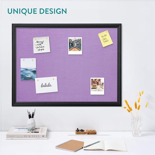 Navaris Framed Fabric Bulletin Board - 18 x 24 inches Plush Jewelry Organizer Pinboard for Wall - Memory Memo Pin Board - Purple with Black Frame - color: Black / Purple