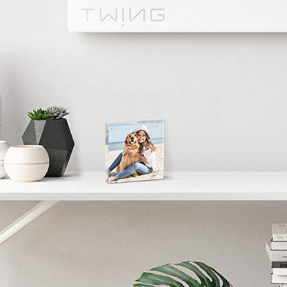TWING 4x4 Acrylic Picture Frames 2 Pack, 20MM Thick Double Sided Magnetic Clear Photo Frame, HD Frameless Magnetic Photo Frame Display for Desktop Gift Ideal, Cleaning Cloth Included - size: 4x4" 2pack
