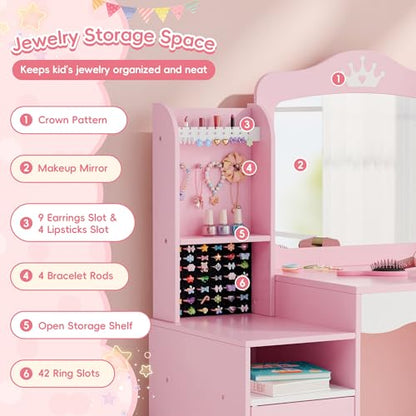 MU Kids Vanity, Girl Vanity Set with Mirror and Stool, 2 in 1 Toddler Makeup Vanity Table with Jewelry Storage, Wooden Princess Makeup Desk Dressing Table for Little Girls, (Pink) - color: Pink