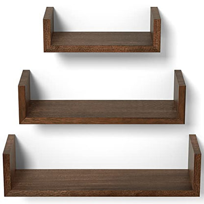 SRIWATANA Floating Shelves Wall Mounted, Solid Wood Wall Shelves Set of 3, Dark Brown… - color: Dark Brown