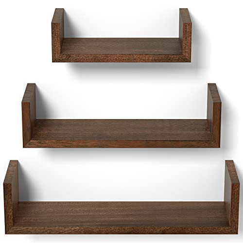 SRIWATANA Floating Shelves Wall Mounted, Solid Wood Wall Shelves Set of 3, Dark Brown… - color: Dark Brown