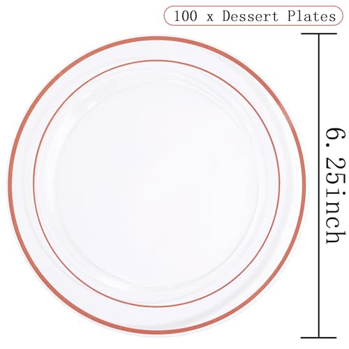 bUCLA 100PCS Clear Rose Gold Plastic Plates Disposable - Heavy Duty 6.25 Inch Clear Plastic Dessert Plates with Rose Gold Trim - Ideal for Party, Wedding & Mother's Day - color: Clear Rose Gold