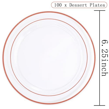 bUCLA 100PCS Clear Rose Gold Plastic Plates Disposable - Heavy Duty 6.25 Inch Clear Plastic Dessert Plates with Rose Gold Trim - Ideal for Party, Wedding & Mother's Day - color: Clear Rose Gold