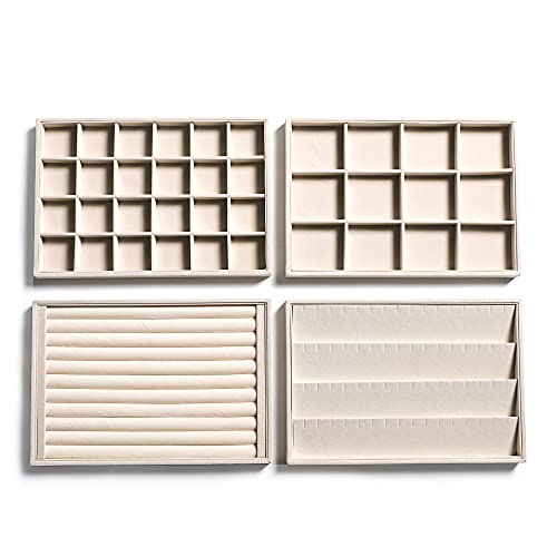 Frebeauty Stackable Velvet Jewelry Organizer Trays for Drawers Inserts Jewelry Storage Tray Display Case Earrings Bracelets Necklace Rings Accessories Trays for Women Girls(Set of 4)（Beige - color: Beige, size: Set 4