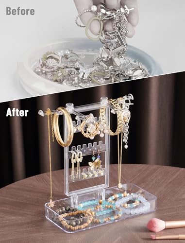 NiHome Acrylic Jewelry Display Stand with Tray – Clear Bracelet & Earring, Necklace Organizer, Space-Saving Jewelry Storage for Vanity & Bedroom - color: 2 PACK