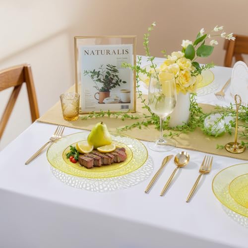 Rubtlamp 60Pcs Yellow Gold Plastic Plates, Yellow Disposable Plates With Gold Rim, Clear Heavy-duty Party Supplies, Hammered Plastic Plates Include 30 Dessert Platos, 30 Dinner Platos for Party - color: Clear Yellow Gold
