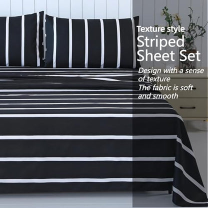 MAG 4Pcs Striped Full Sheet Sets,Black and White Full Size Microfiber Sheets Set,Included 1 Fitted Sheet 14'' Deep Pocket+1 Flat Sheet+2 Pillowcases Soft and Breathable,Wrinkle and Fade Resistant. - color: Striped, size: Full
