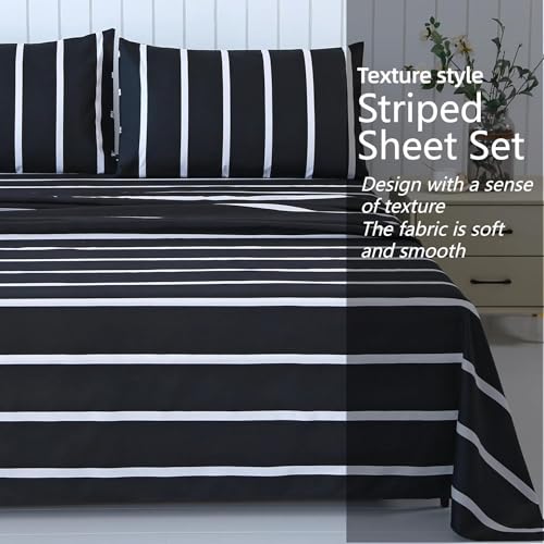 MAG 4Pcs Striped Queen Sheets Set,Black and White Microfiber Sheet Set Queen Size,Included 1 Fitted Sheet 14'' Deep Pocket+1 Flat Sheet+2 Pillowcases Soft and Breathable,Wrinkle and Fade Resistant. - color: Striped, size: Queen