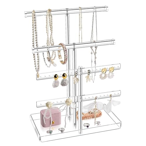 Acrylic Jewelry Organizer Stand with Tray, 4-Tier 14" Tall Tangle-Free Clear Jewelry Display Holder for Hanging Long Necklaces & Bracelets, 40 Earring Holes, Tower Tray Storage for Rings Watch Perfum - color: Clear, size: 4-Tier