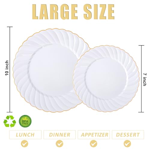 U-QE 60 Pcs White Plastic Plates with Gold Rim – Fancy Scalloped Plates Disposable - Premium Hard Plastic Plates Include 30 10" Dinner & 30 7" Dessert Plate for Party & Mother's Day - color: Gold