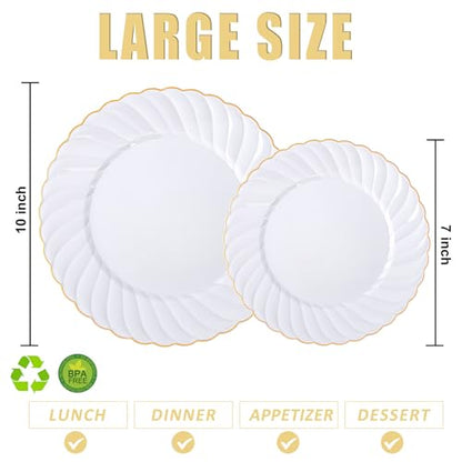 U-QE 60 Pcs White Plastic Plates with Gold Rim – Fancy Scalloped Plates Disposable - Premium Hard Plastic Plates Include 30 10" Dinner & 30 7" Dessert Plate for Party & Mother's Day - color: Gold