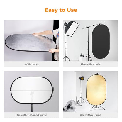 K&F CONCEPT 40" x60”(100x150cm) 5-in-1 Oval Foldable Reflector with Carrying Bag, Gold, Silver, Black, White Reflective Fabric and Translucent Soft Fabric for Studio Lighting - size: 100x150cm