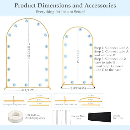 Arch Backdrop Stand, 7.2FT 6FT Wedding Arch Gold Set of 2, Metal Balloon Arch Kit Stand with Base for Gender Reveal Ceremony Birthday Anniversary Bridal Graduation Party Event Background Decoration - size: 7.2FT+6FT