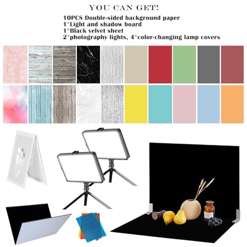 14PCS Black Velvet Flocked Product Photography Backdrops Board with 2PCS LED Lighting Kit Anti-Glare Photo Backdrop for Small Product Food Jewelry Cosmetic. (16x11.5in)