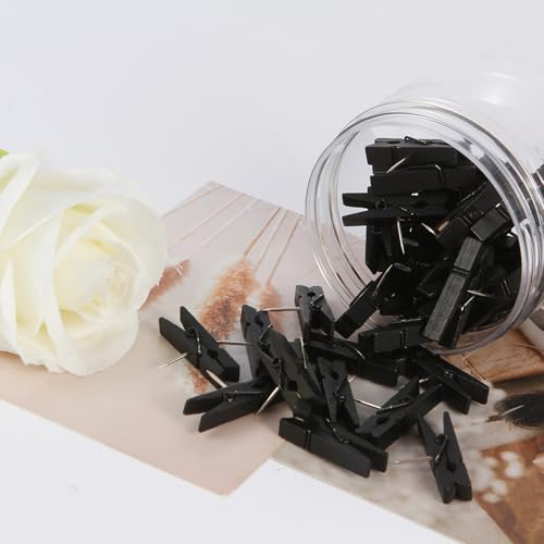 ‌ZYFOFFICE 50-Pack Black Push Pins with Spring-Loaded Wooden Clips, Damage-Free Cork Board Tacks for Artwork, Photos & Notes (No-Mark Design) - color: Black-50