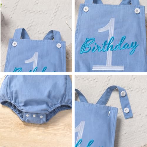 IMEKIS Baby Girls Boys Boho 1st Birthday Outfit Backless Overalls Romper for Cake Smash Photo Shoot - color: Light Blue 1 Birthday, size: 12-18 Months