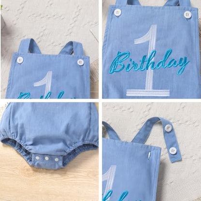 IMEKIS Baby Girls Boys Boho 1st Birthday Outfit Backless Overalls Romper for Cake Smash Photo Shoot - color: Light Blue 1 Birthday, size: 9-12 Months