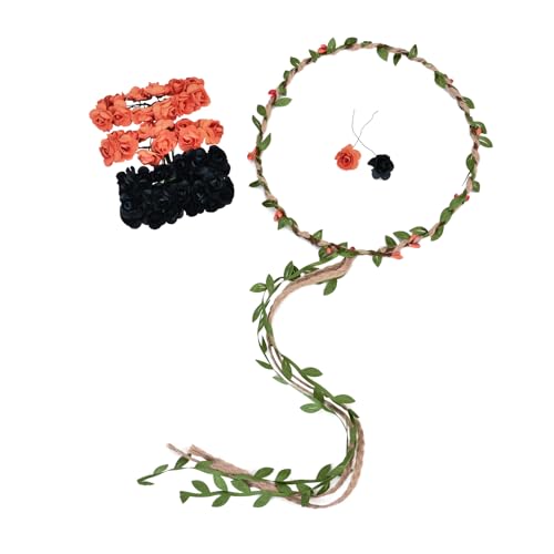 DDazzling Flower Crown Floral Wreath Headband Floral Garland Headbands Photo Props,Rose Flower Crown Kit, 3 Piece (Black and Orange) - color: Black and Orange