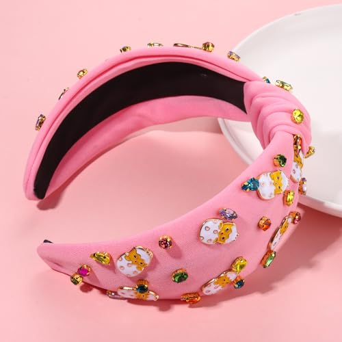 boderier Easter Headbands for Women Girls Easter Egg Headband Crystal Jewel Embellished Wide Knotted Headband Spring Holiday Easter Accessories (Cute Egg-Pink)