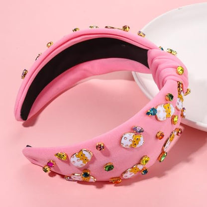 boderier Easter Headbands for Women Girls Easter Egg Headband Crystal Jewel Embellished Wide Knotted Headband Spring Holiday Easter Accessories (Cute Egg-Pink)