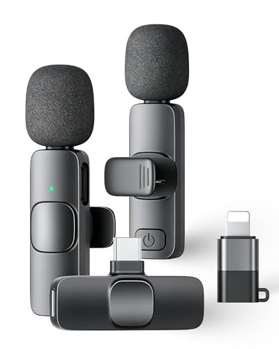 KUKIHO Wireless Lavalier Microphone for iPhone iPad and Android Phone, 2 Pack Lapel Mic Plug and Play Wireless Mic Noise Reduction Microphone for Video Recording Interview Podcast (Black) - color: Greyish black, size: Without Case