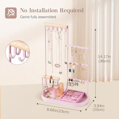 ProCase Jewelry Organizer Tower, 10 Hooks Jewelry Storage Rack Tree Holder Stand with Velvet Ring Display Tray for Necklaces Bracelets Earrings Rings Watches -Pink - color: Pink