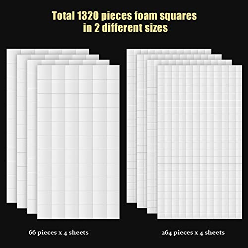 Outus 8 Sheets Foam Adhesive Squares, 1320 Pcs Total Double Sided Self Dots Precut Squares Strips Foam Dots for Scrapbook DIY Crafts Office Supplies, 2 Sizes