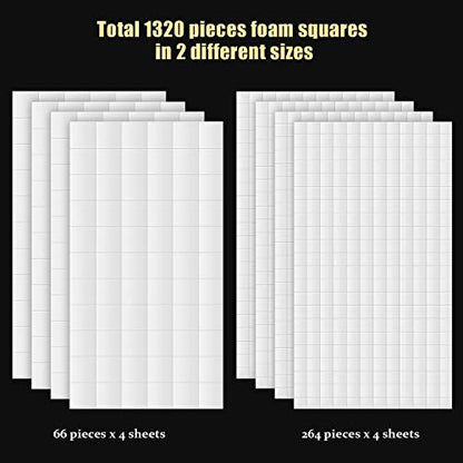 Outus 8 Sheets Foam Adhesive Squares, 1320 Pcs Total Double Sided Self Dots Precut Squares Strips Foam Dots for Scrapbook DIY Crafts Office Supplies, 2 Sizes