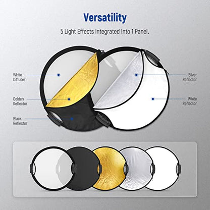 NEEWER 22"/56cm Light Reflector with Handle Grip with 3/8" Thread, 5 in 1 Collapsible Disc Light Diffuser Translucent/Silver/Gold/White/Black for Photography Lighting, Outdoor Lighting, RF-56II - style: 56cm