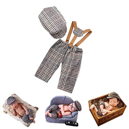 Newborn Monthly Baby Photo Props Stripe Checked Flat Cap Newsboy Suspender Pants Romper for Photography Outfits - color: Beige