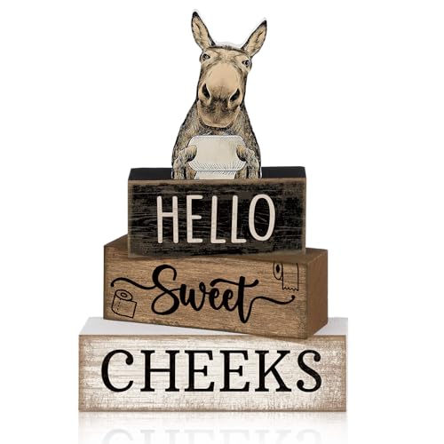 Moucuny 4 Pcs Donkey Bathroom Decor Set Farmhouse Bathroom Decor and Accessories Rustic Hello Sweet Cheeks Wooden Blocks Signs Funny Donkey Toilet Shelf Decoration for Home Office Half Bath - style: Donkey