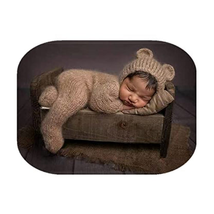Newborn Photography Props Boys Girls Outfits Mohair Bear Hat Bonnet & Footed Romper Bodysuit Photoshoot Costume Set - color: Camel