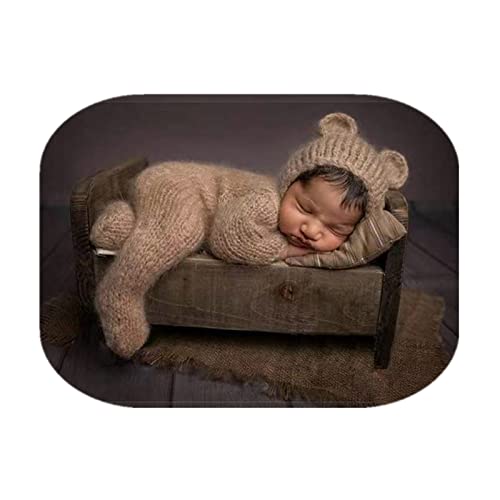 Newborn Photography Props Boys Girls Outfits Mohair Bear Hat Bonnet & Footed Romper Bodysuit Photoshoot Costume Set - color: Camel