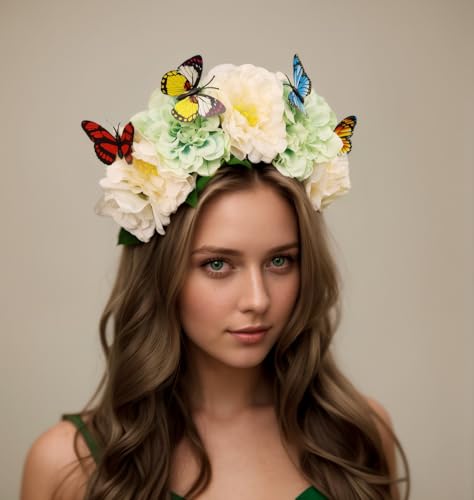 Elegant Butterfly Flower Headband for Women Boho Handmade Rose Floral Crown Wedding Bridal Festivals Cosplay Prom Photo Props Headpiece (B4 green white, Adjustable) - color: B4 green white