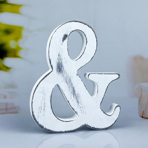 6 Inch Rustic White Wood Letters Unfinished Wood Letters for Wall Decorative White Retro Standing Letters Sign Board Decoration for Craft Home Party Projects (&) - color: &