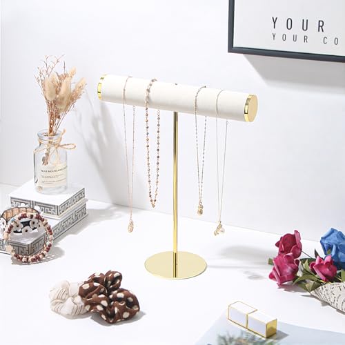 Coward T-Bar Necklace Organizer Stand, Velvet Necklace Bracelet Holder Stand with Metal Base, Hanging Jewelry Display Organizer for Women Girls (Gold 4.0cm thickness tube) - color: Gold, size: 4.0cm tube