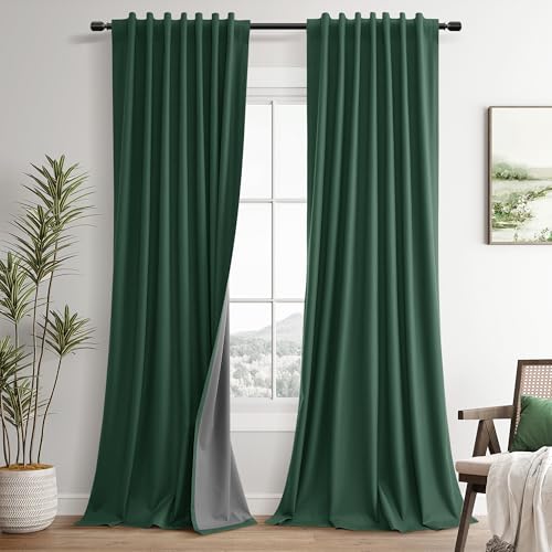 Green Linen 100% Blackout Curtains 120 Inches Long 2 Panels Set Modern Room Darkening Black Out Thermal Insulated Noise Cancelling Patio Door Bedroom Dining Room Back Tab Hook Belt 52x120 10Ft - color: Green, size: 52"W x 120"L (Pack of 2)