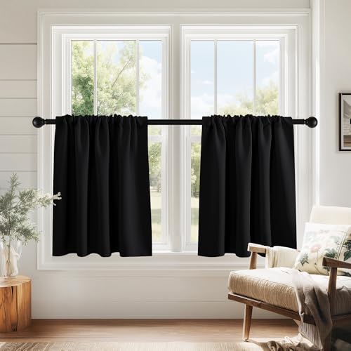 PONY DANCE Black Kitchen Curtains Over Sink 24 inch Long for Small Windows, Black Out RV Bunk Panels, Solid Half Window Short Drapes Tiers for Bathroom Camper, Width 29 x Length 24 inches, 2 Panels - color: Black, size: 29"W x 24"L (Pack of 2)
