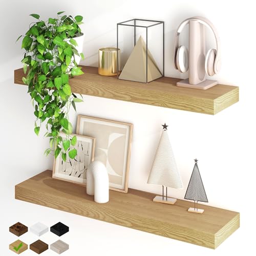 Fun Memories Floating Shelves for Wall, 32Inch Floating Shelves Set of 2, Hanging Shelf with Invisible Brackets, Wood Shelves for Living Room, Bedroom, Kitchen, Oak - color: Oak, size: 32"W x 6.5"D