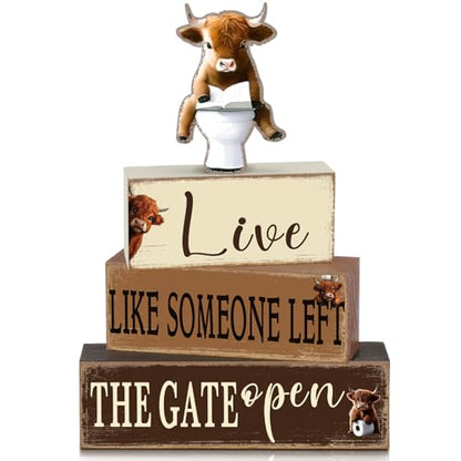 Geelin 4 Pcs Highland Cow Bathroom Decorations Bathroom Wooden Table Centerpiece Blocks Highland Cow Tiered Tray Decor Live Like Someone Left The Gate Open Sign for Indoor Home Desk Room Shelf Decor - style: Highland Cow