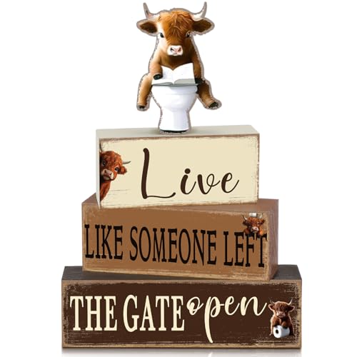 Geelin 4 Pcs Highland Cow Bathroom Decorations Bathroom Wooden Table Centerpiece Blocks Highland Cow Tiered Tray Decor Live Like Someone Left The Gate Open Sign for Indoor Home Desk Room Shelf Decor - style: Highland Cow