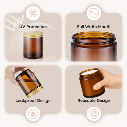 Tecohouse 8oz Amber Glass Jars with Gold Metal Lids, 3 Pack Candle Jars with Blank Labels, 250g Wide Mouth | Lotion Container for Sample, Cream, Lotion, Honey, Powder, Jelly | Home & Beauty - color: Amber-Gold Lids