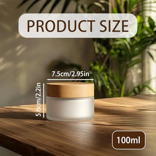 1 Pcs 100G 100ML Empty Translucent Frosted Glass Round Cream Jar Cosmetic Storage Container Toiletries Bottle with Natural Bamboo Lid Inner Liner and for Body Cream Lotion Conditioner etc