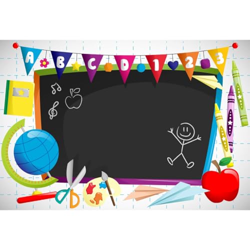 Leyiyi 10x6.5ft Vinyl Photography Background Welcome to Kindergarten Backdrop Cartoon ABC Letters Black Blackboard Watercolor Pen Paper Airplane Globe Back to School Themed Party Backdrops Banner - color: Black, size: 10x6.5ft-Vinyl
