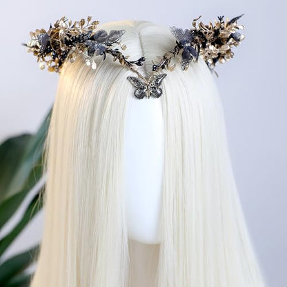 MOSTORY Handmade Fairy Butterfly Crown - Elf Flower Hadpiece Elven Headband for Women s Spring Wedding Maternity Shoot - color: Black-gold