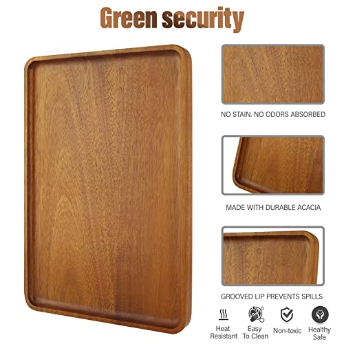 2 PCS Solid Acacia Wood Serving Trays 16 * 12 inch Rectangular Wooden Serving Platters Natural Wooden Boards for Bar Coffee Party - color: Brown, size: 16*12 inch